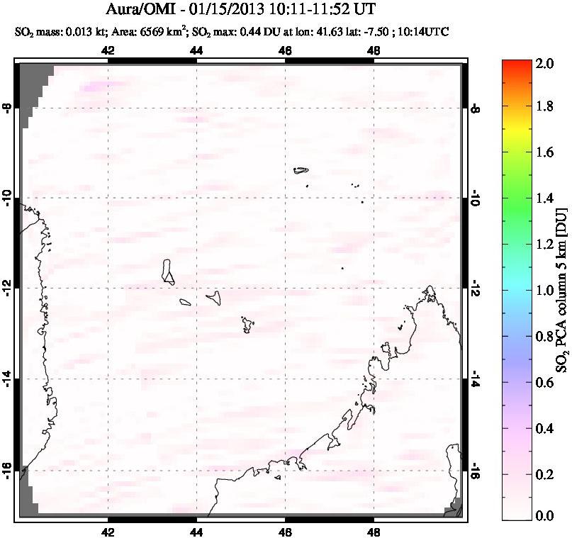 A sulfur dioxide image over Comoro Islands on Jan 15, 2013.