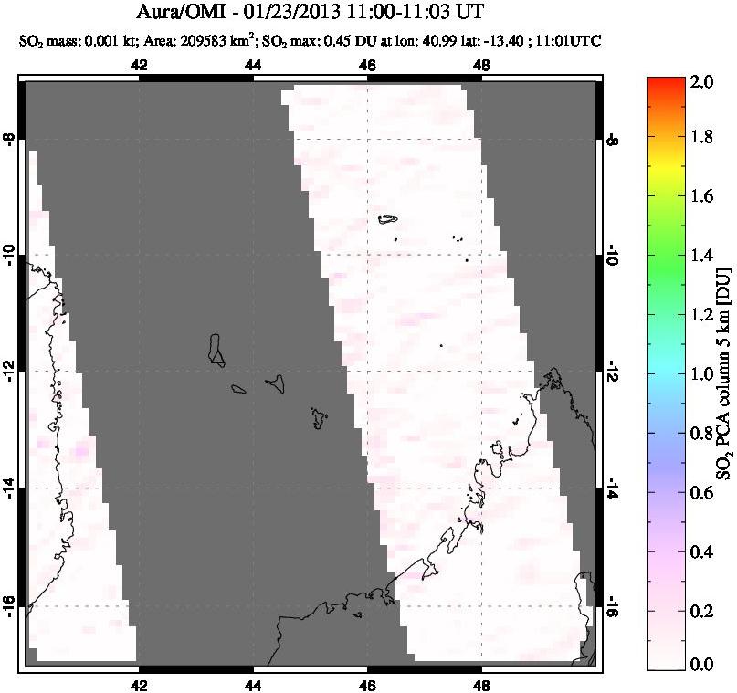 A sulfur dioxide image over Comoro Islands on Jan 23, 2013.