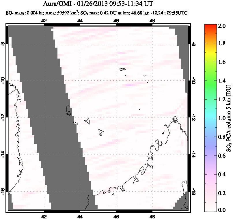 A sulfur dioxide image over Comoro Islands on Jan 26, 2013.
