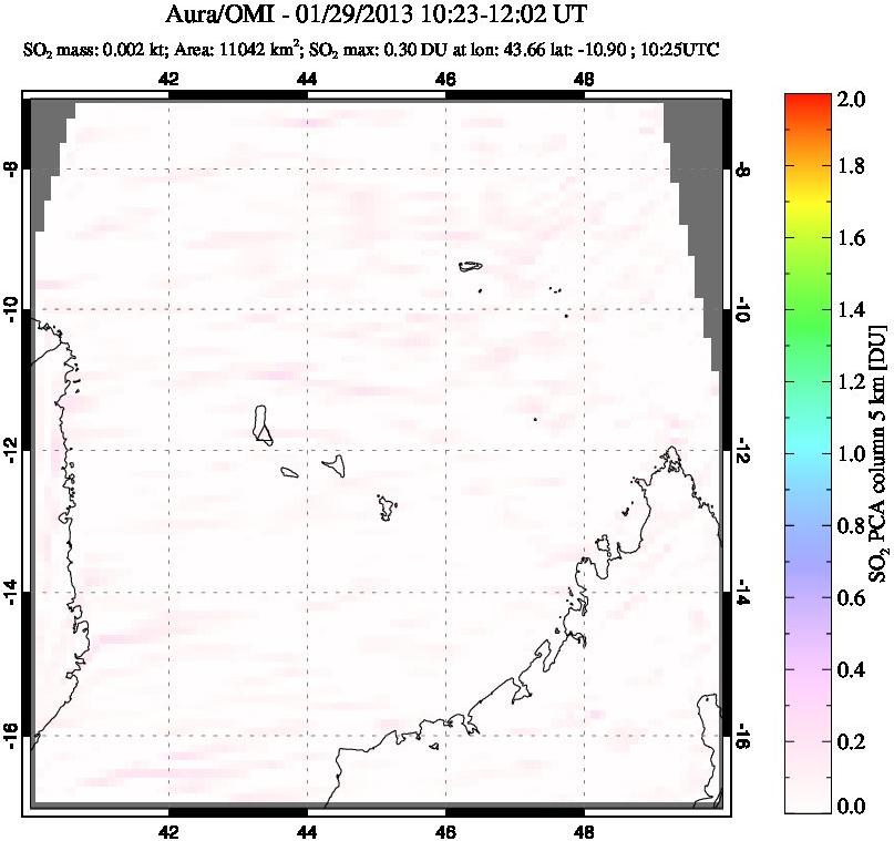 A sulfur dioxide image over Comoro Islands on Jan 29, 2013.