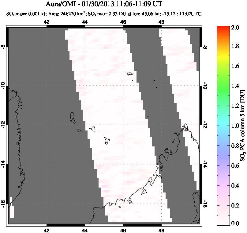 A sulfur dioxide image over Comoro Islands on Jan 30, 2013.