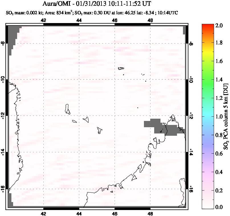 A sulfur dioxide image over Comoro Islands on Jan 31, 2013.