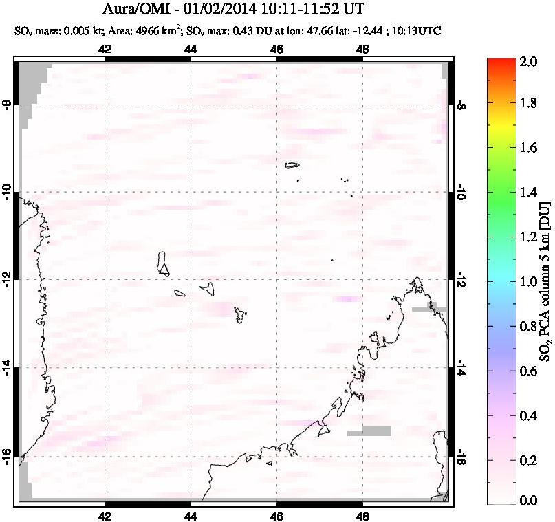 A sulfur dioxide image over Comoro Islands on Jan 02, 2014.
