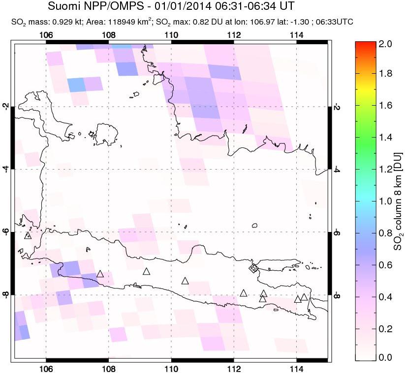A sulfur dioxide image over Java, Indonesia on Jan 01, 2014.