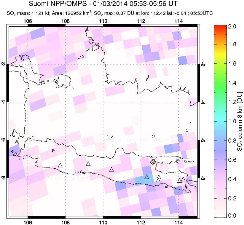 A sulfur dioxide image over Java, Indonesia on Jan 03, 2014.