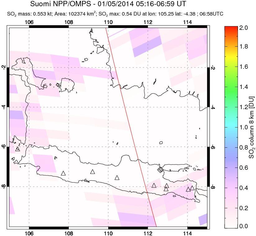 A sulfur dioxide image over Java, Indonesia on Jan 05, 2014.