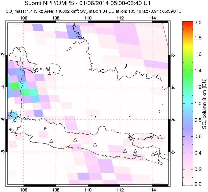 A sulfur dioxide image over Java, Indonesia on Jan 06, 2014.