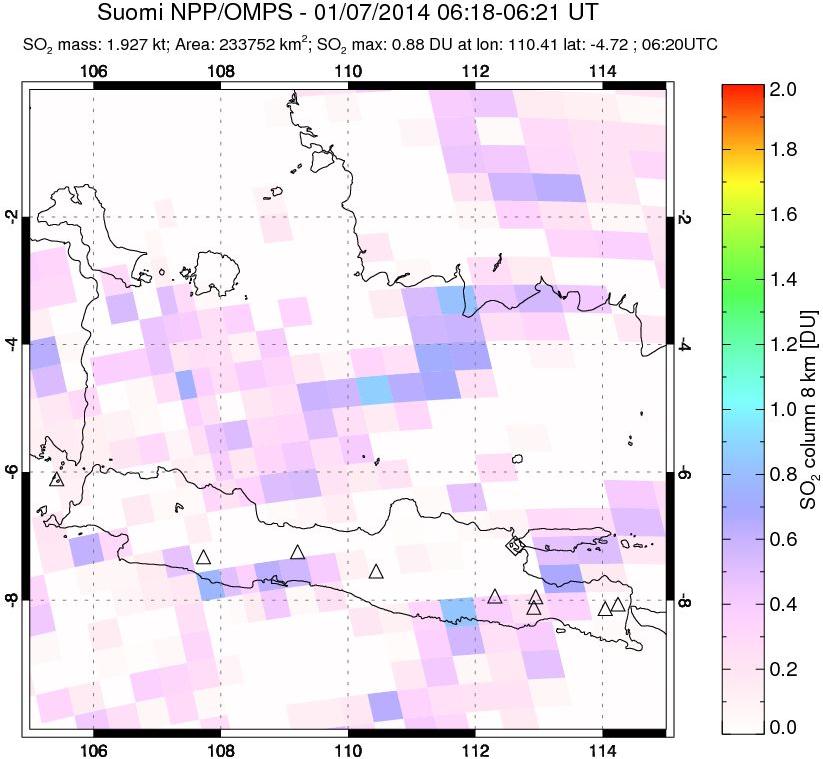 A sulfur dioxide image over Java, Indonesia on Jan 07, 2014.