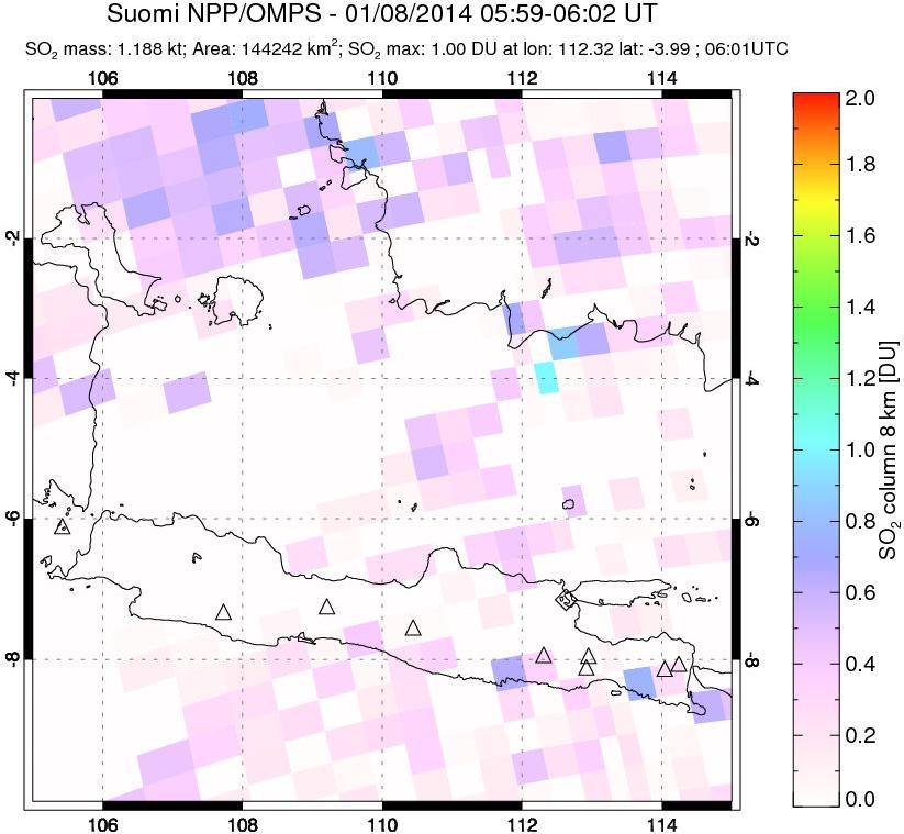 A sulfur dioxide image over Java, Indonesia on Jan 08, 2014.