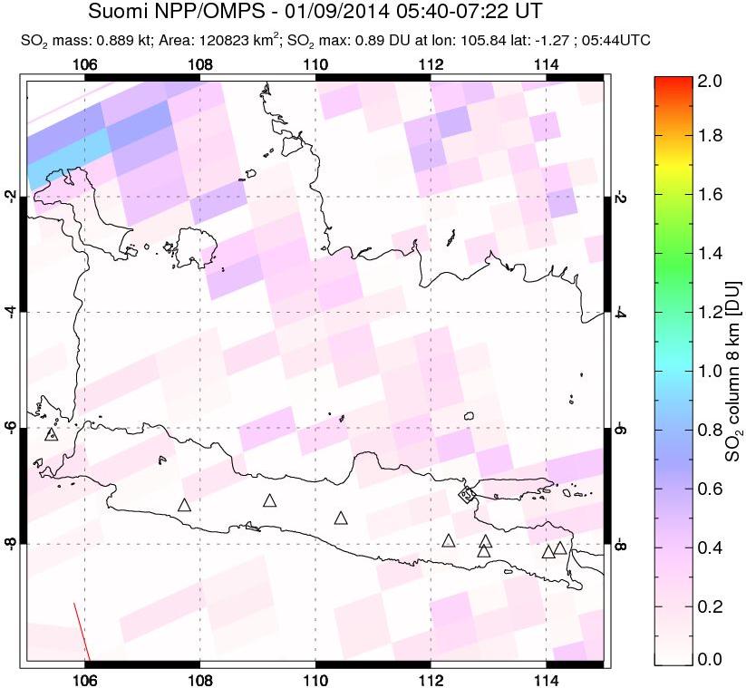 A sulfur dioxide image over Java, Indonesia on Jan 09, 2014.