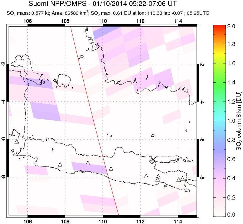 A sulfur dioxide image over Java, Indonesia on Jan 10, 2014.