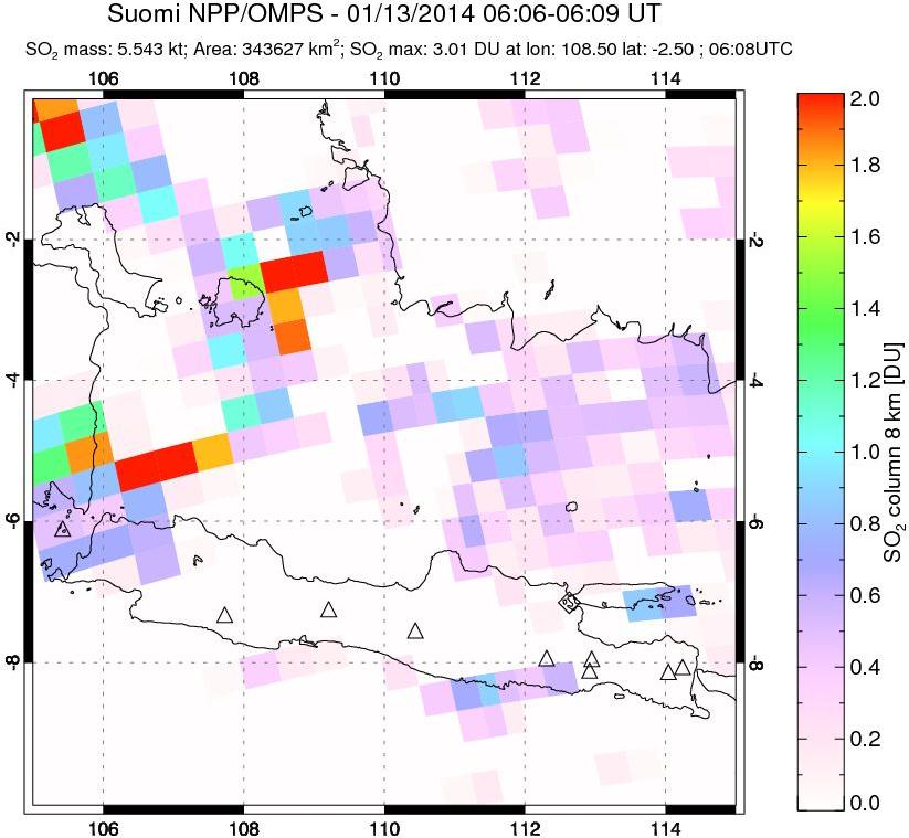 A sulfur dioxide image over Java, Indonesia on Jan 13, 2014.