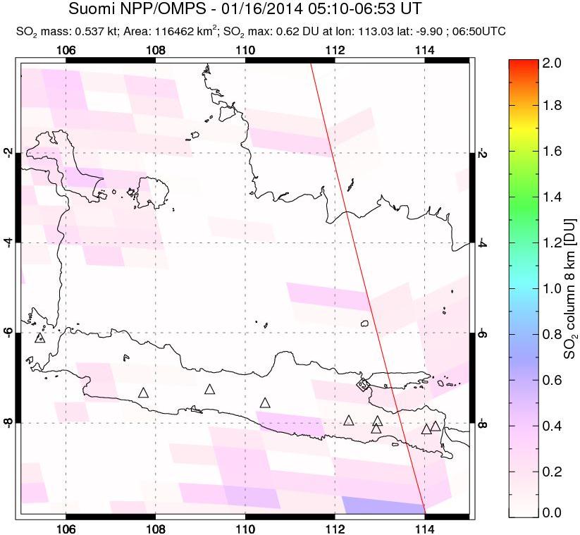 A sulfur dioxide image over Java, Indonesia on Jan 16, 2014.