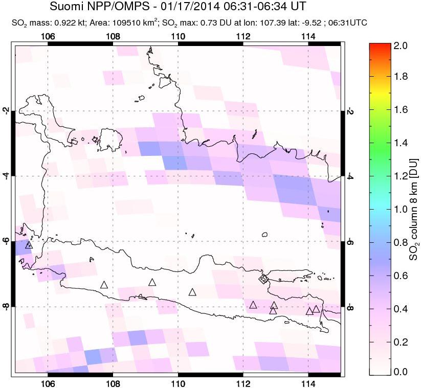 A sulfur dioxide image over Java, Indonesia on Jan 17, 2014.