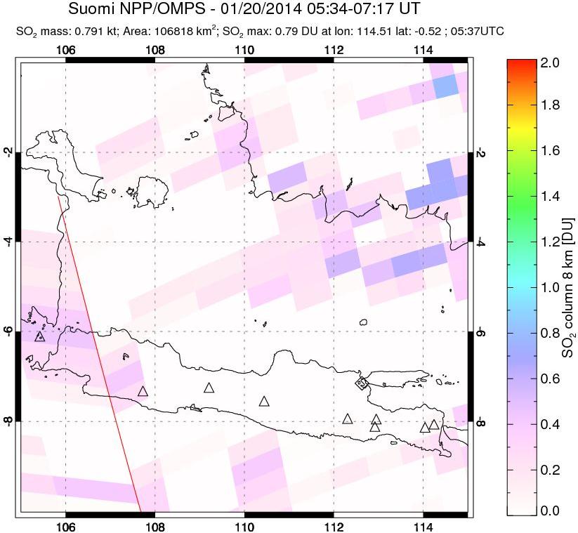 A sulfur dioxide image over Java, Indonesia on Jan 20, 2014.