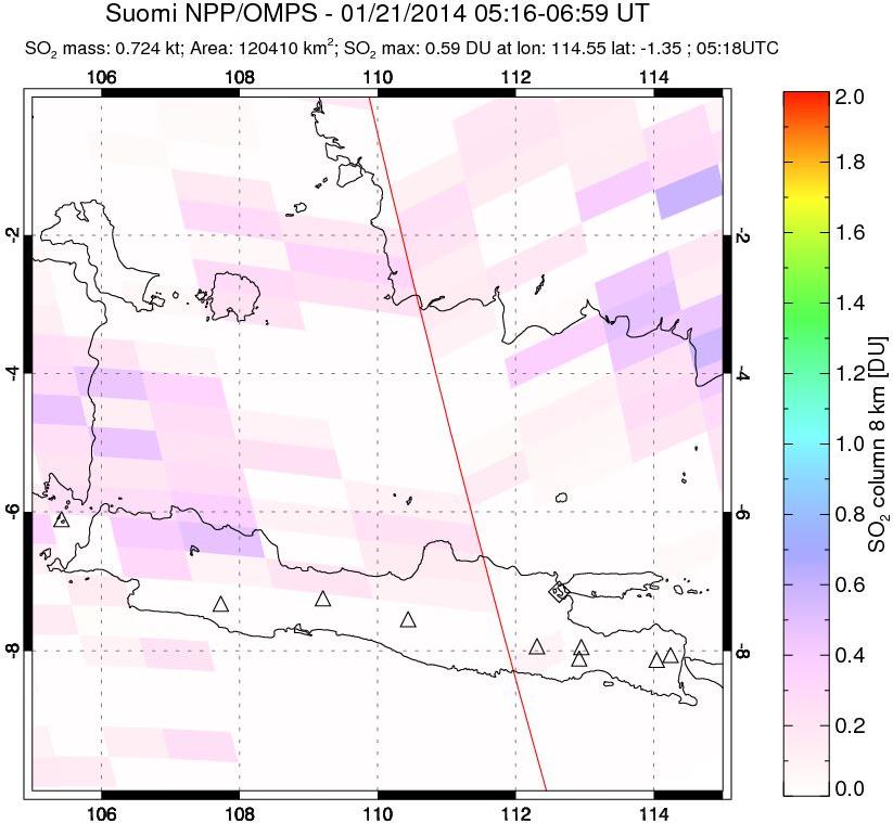 A sulfur dioxide image over Java, Indonesia on Jan 21, 2014.