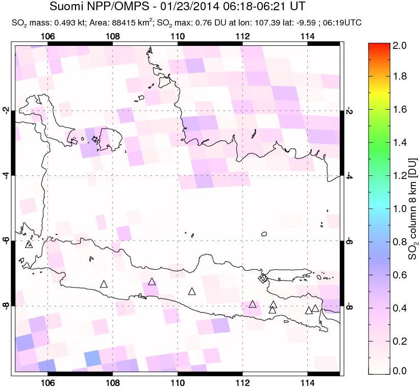 A sulfur dioxide image over Java, Indonesia on Jan 23, 2014.