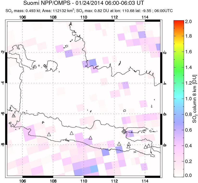 A sulfur dioxide image over Java, Indonesia on Jan 24, 2014.