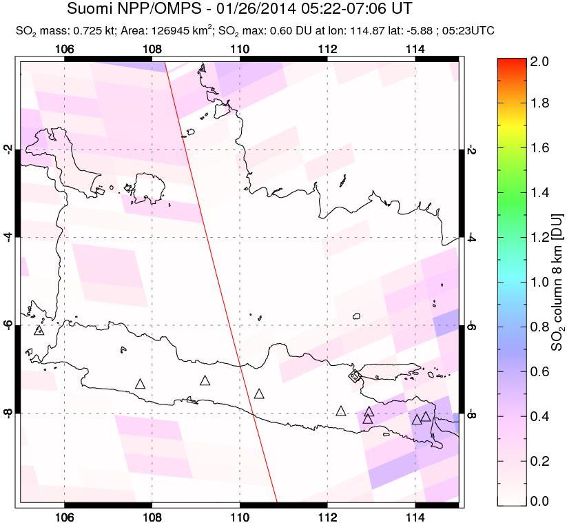 A sulfur dioxide image over Java, Indonesia on Jan 26, 2014.