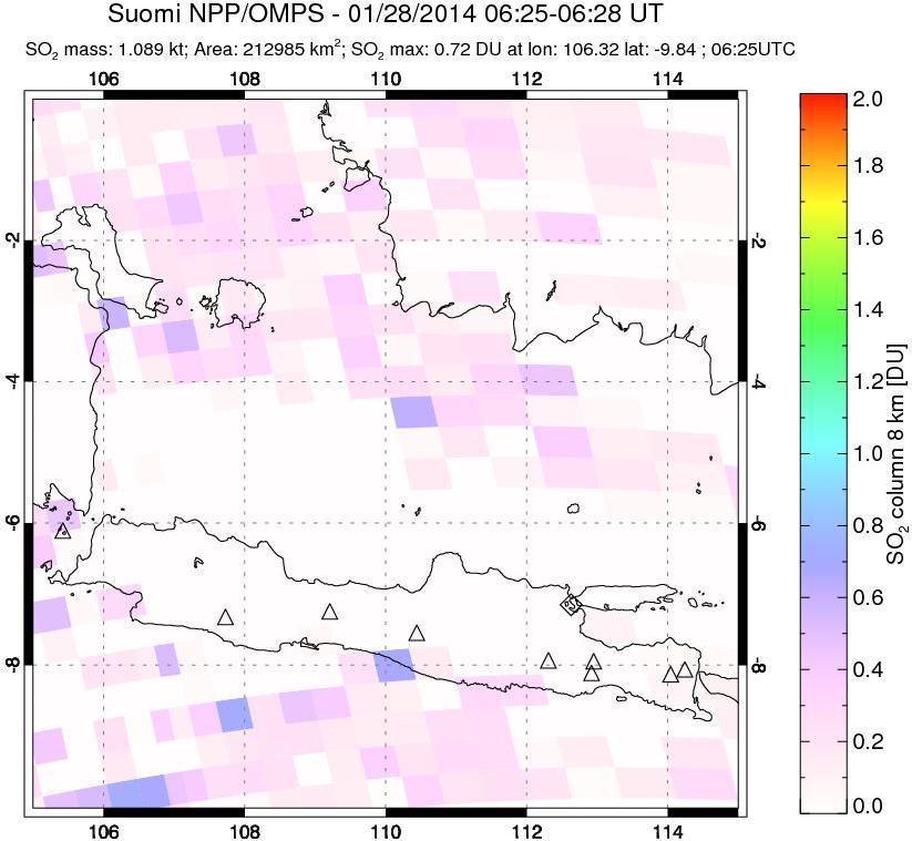 A sulfur dioxide image over Java, Indonesia on Jan 28, 2014.