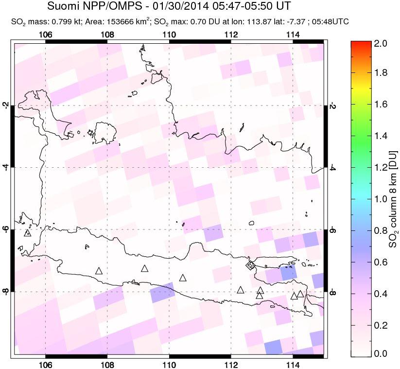 A sulfur dioxide image over Java, Indonesia on Jan 30, 2014.