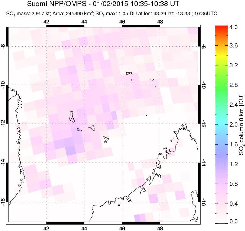 A sulfur dioxide image over Comoro Islands on Jan 02, 2015.