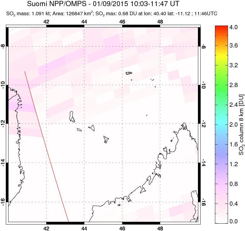A sulfur dioxide image over Comoro Islands on Jan 09, 2015.