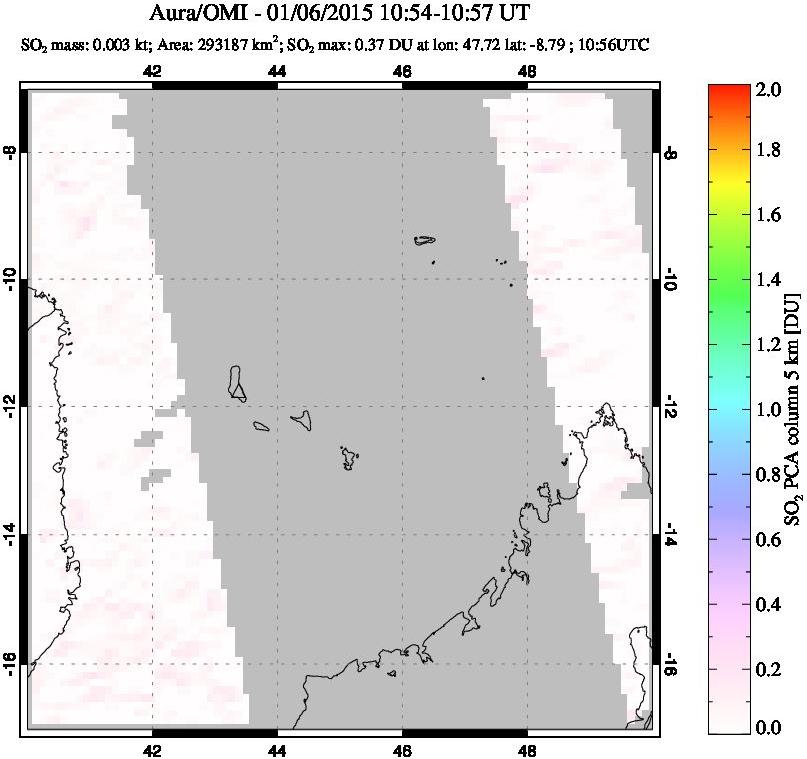 A sulfur dioxide image over Comoro Islands on Jan 06, 2015.