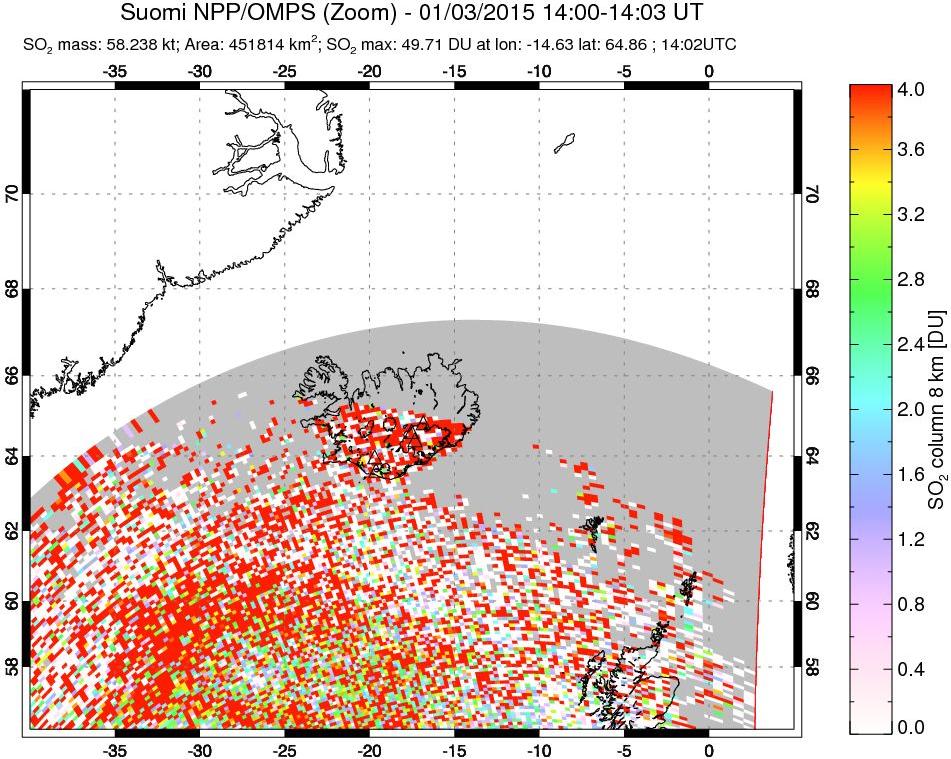 A sulfur dioxide image over Iceland on Jan 03, 2015.