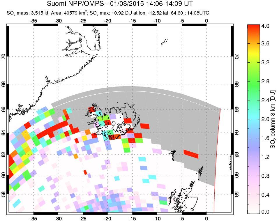 A sulfur dioxide image over Iceland on Jan 08, 2015.