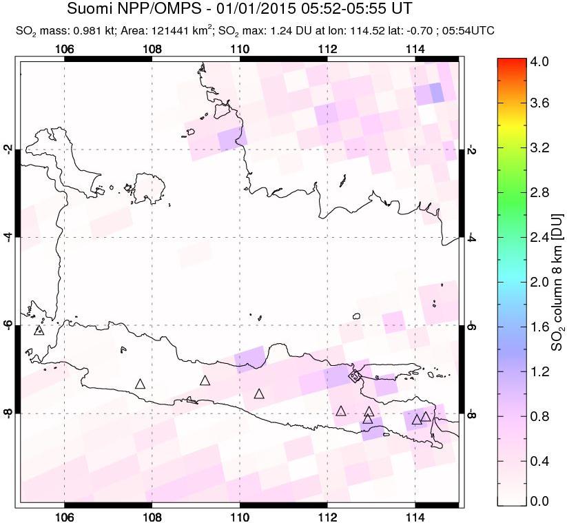 A sulfur dioxide image over Java, Indonesia on Jan 01, 2015.