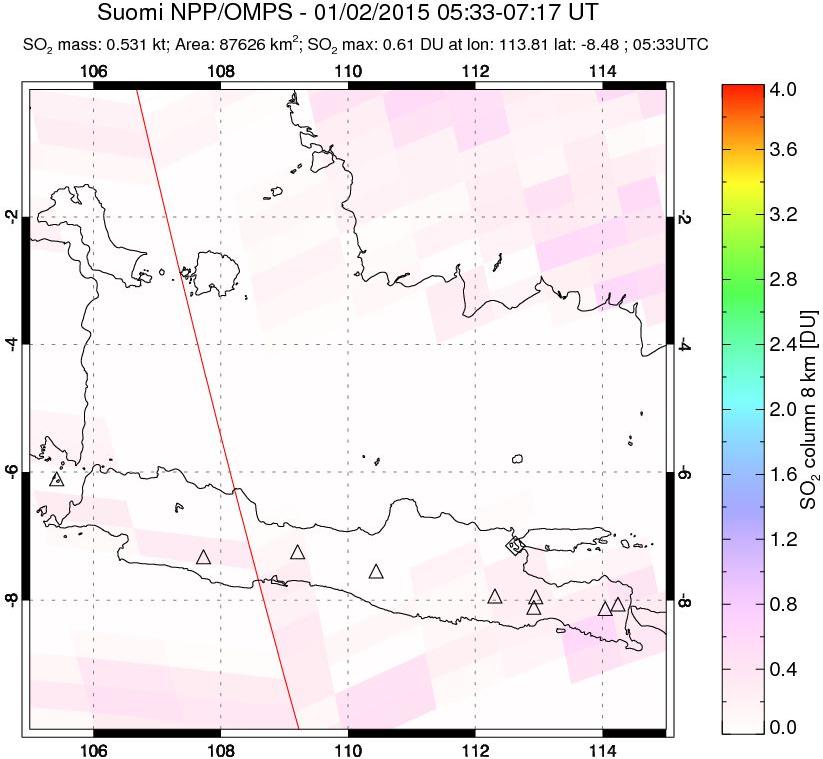 A sulfur dioxide image over Java, Indonesia on Jan 02, 2015.