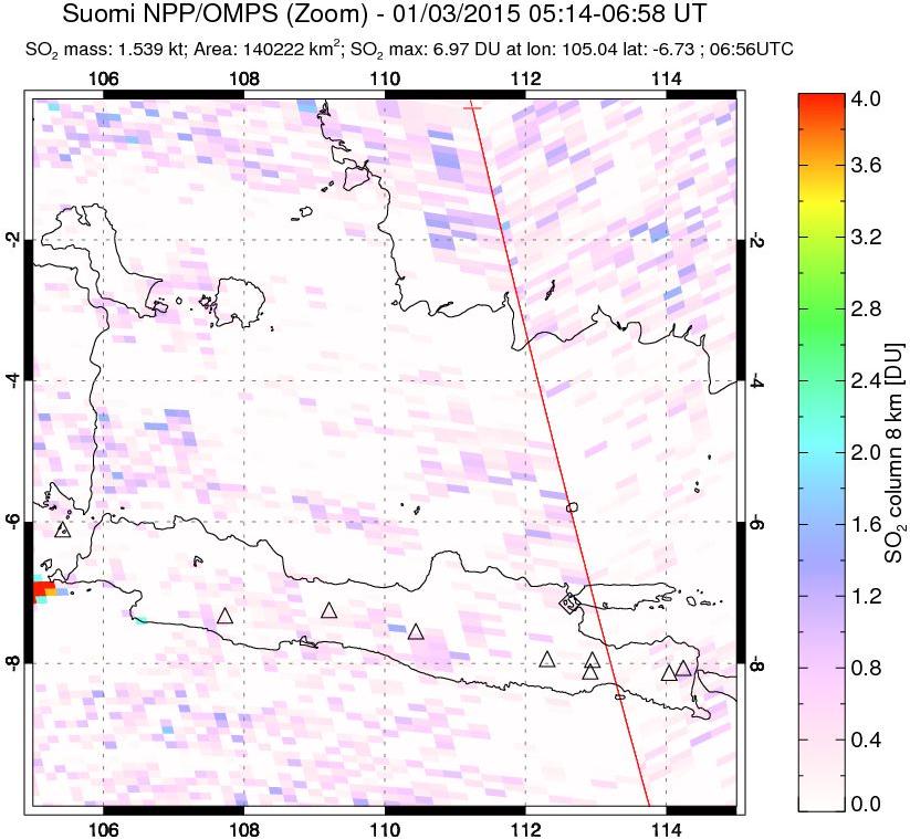 A sulfur dioxide image over Java, Indonesia on Jan 03, 2015.