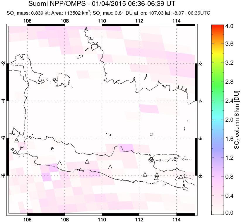A sulfur dioxide image over Java, Indonesia on Jan 04, 2015.