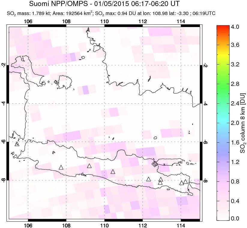 A sulfur dioxide image over Java, Indonesia on Jan 05, 2015.