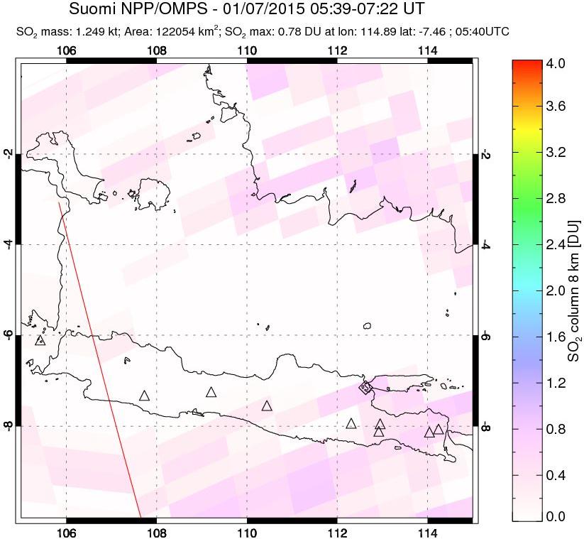 A sulfur dioxide image over Java, Indonesia on Jan 07, 2015.