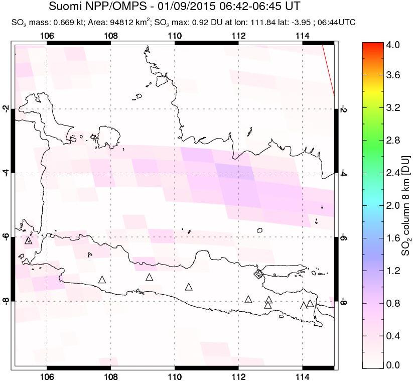 A sulfur dioxide image over Java, Indonesia on Jan 09, 2015.
