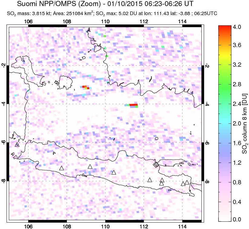A sulfur dioxide image over Java, Indonesia on Jan 10, 2015.