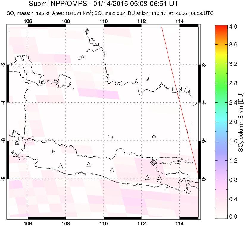 A sulfur dioxide image over Java, Indonesia on Jan 14, 2015.
