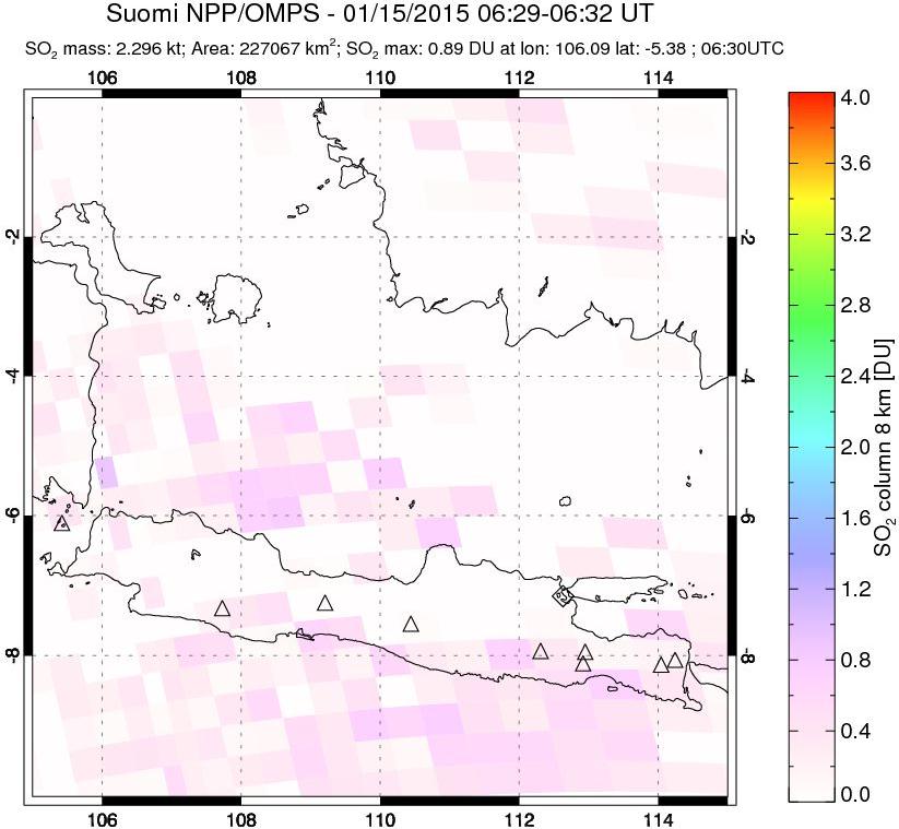 A sulfur dioxide image over Java, Indonesia on Jan 15, 2015.