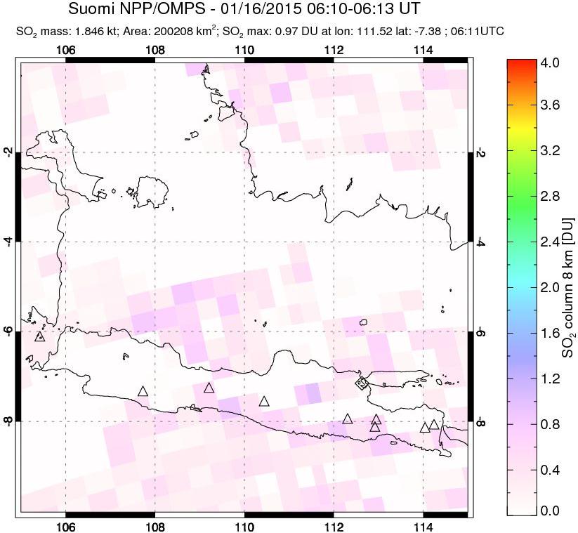 A sulfur dioxide image over Java, Indonesia on Jan 16, 2015.