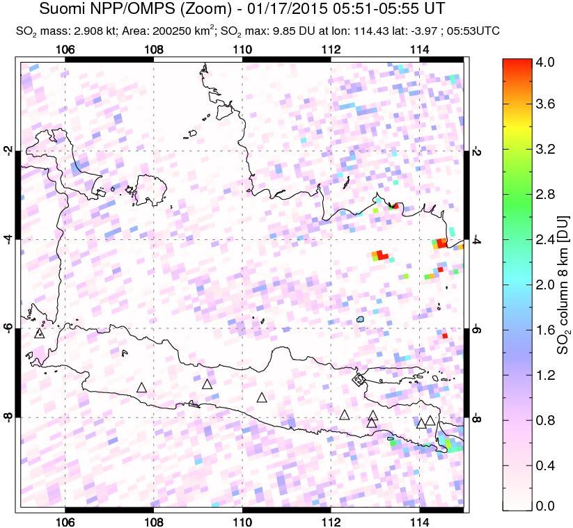 A sulfur dioxide image over Java, Indonesia on Jan 17, 2015.