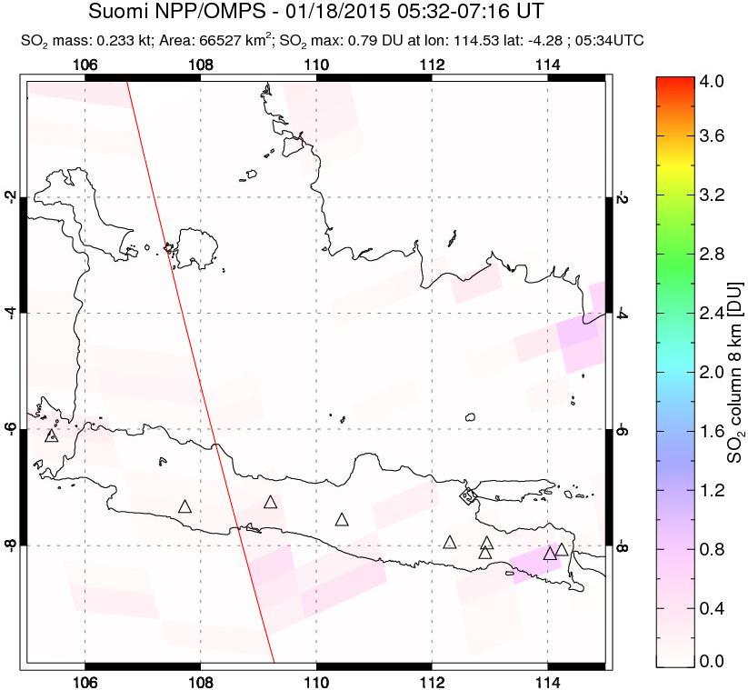 A sulfur dioxide image over Java, Indonesia on Jan 18, 2015.