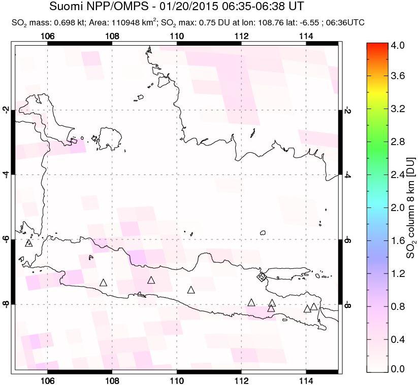 A sulfur dioxide image over Java, Indonesia on Jan 20, 2015.