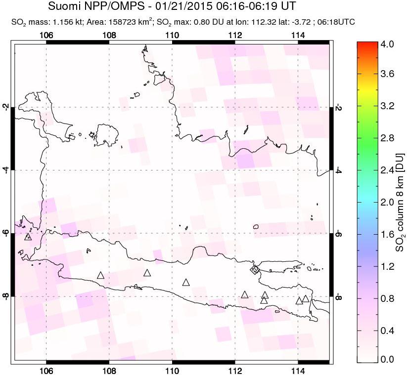 A sulfur dioxide image over Java, Indonesia on Jan 21, 2015.