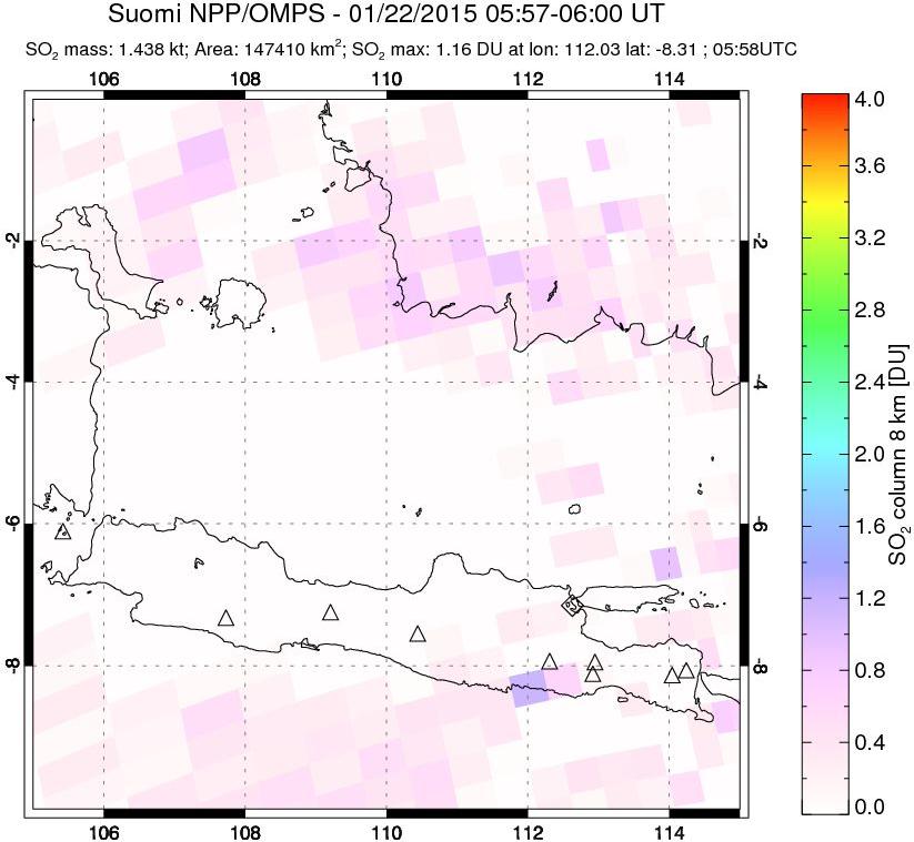 A sulfur dioxide image over Java, Indonesia on Jan 22, 2015.