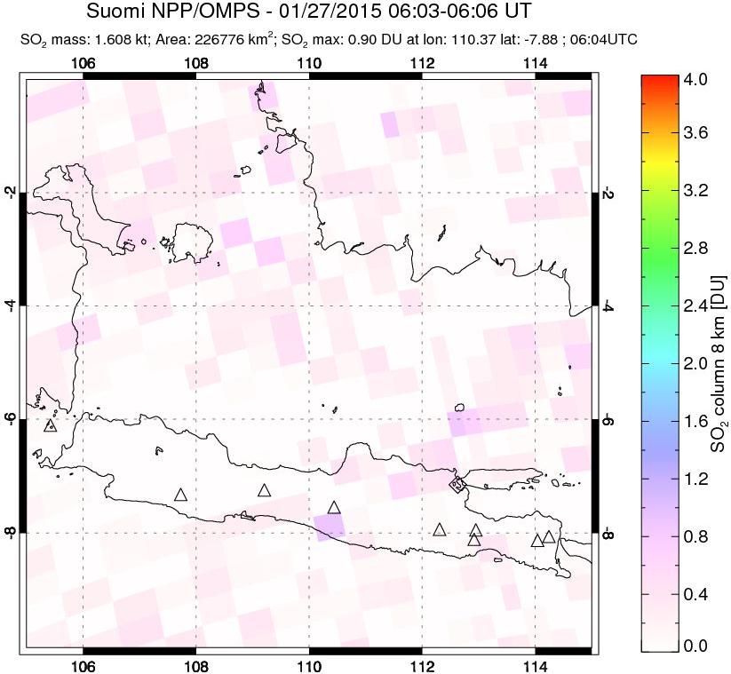 A sulfur dioxide image over Java, Indonesia on Jan 27, 2015.