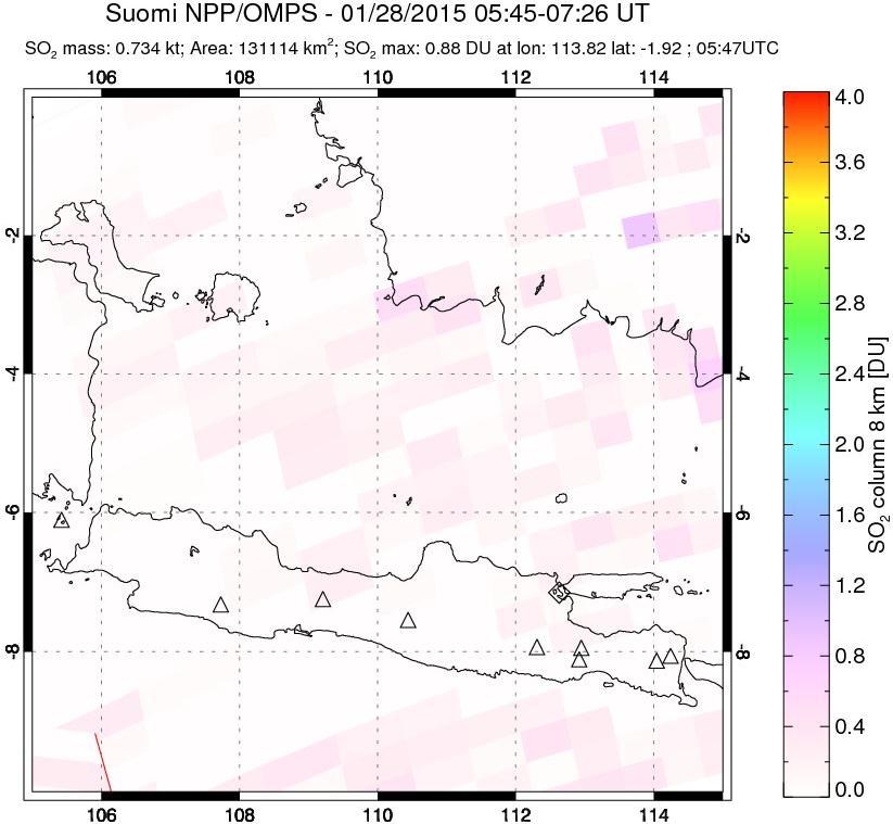 A sulfur dioxide image over Java, Indonesia on Jan 28, 2015.