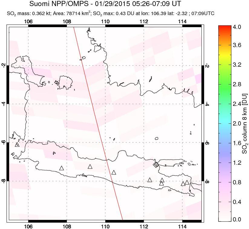 A sulfur dioxide image over Java, Indonesia on Jan 29, 2015.