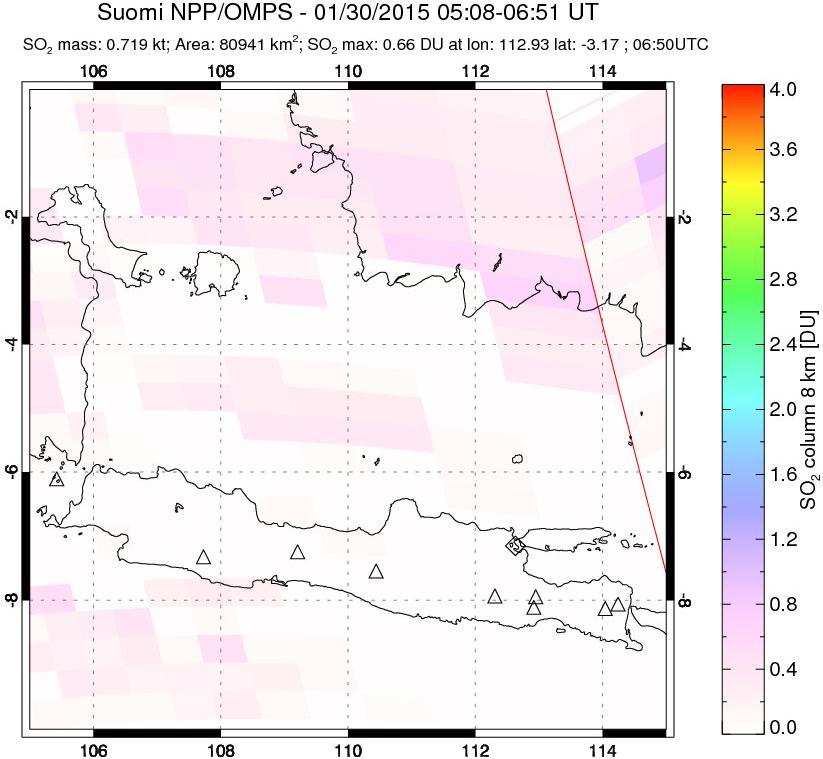 A sulfur dioxide image over Java, Indonesia on Jan 30, 2015.